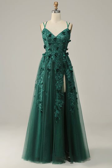 Abito da ballo in tulle verde scuro A Line con spacco